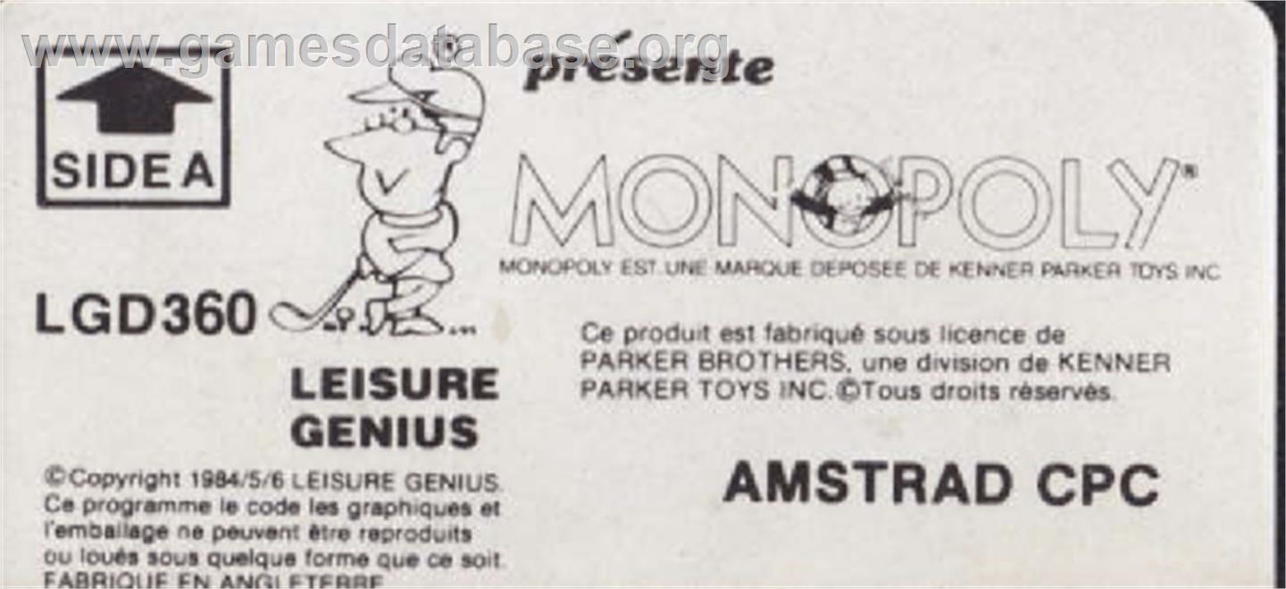 Leisure Genius presents Monopoly - Amstrad CPC - Artwork - Cartridge Top