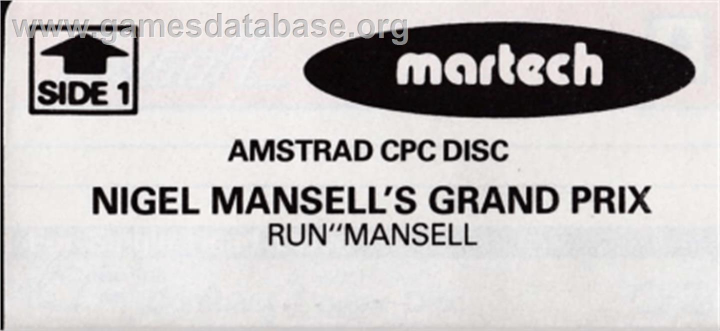 Nigel Mansell's Grand Prix - Amstrad CPC - Artwork - Cartridge Top