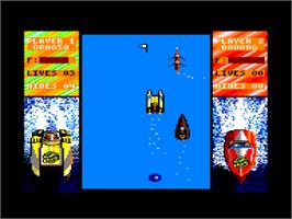 In game image of Pro Power Boat Simulator on the Amstrad CPC.