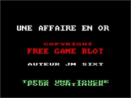 Title screen of Une affaire en or on the Amstrad CPC.