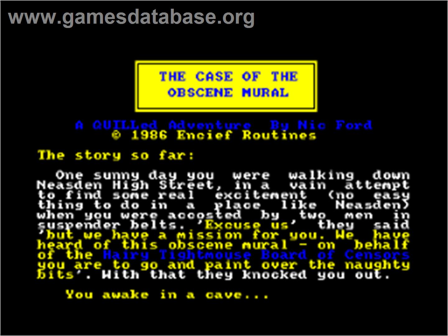 Case Of The Obscene Mural, The - Amstrad CPC - Artwork - Title Screen