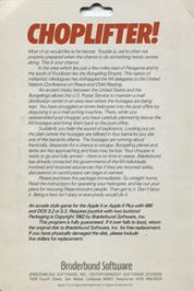 Box back cover for Choplifter! on the Apple II.