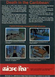 Box back cover for Death In The Caribbean on the Apple II.