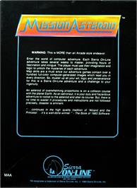 Box back cover for Mission Asteroid on the Apple II.