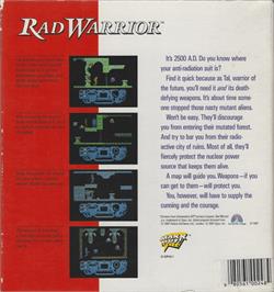Box back cover for Rad Warrior on the Apple II.