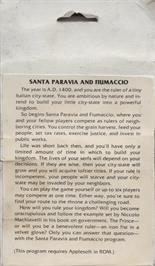 Box back cover for Santa Paravia And Fiumaccio on the Apple II.