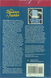 Box back cover for Shadows of Mordor on the Apple II.