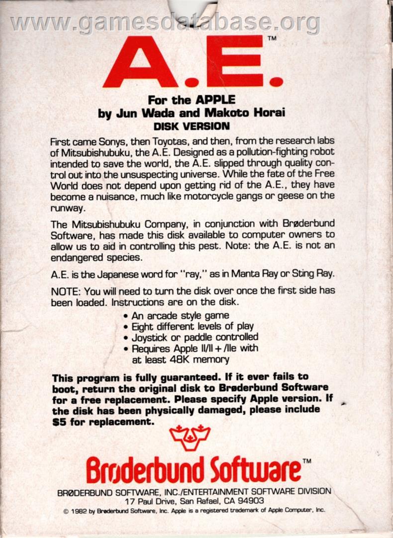 A.E. - Apple II - Artwork - Box Back