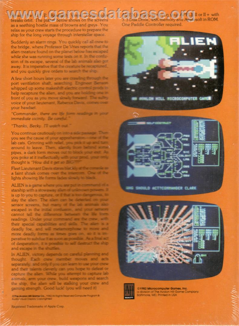 Alien - Apple II - Artwork - Box Back