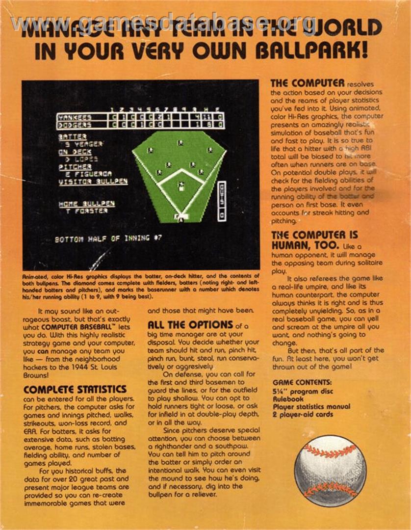 Computer Baseball - Apple II - Artwork - Box Back