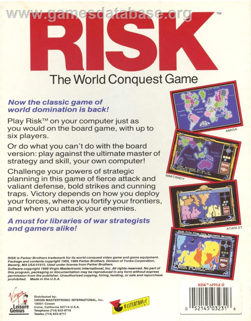 Computer Edition of Risk: The World Conquest Game - Apple II - Artwork - Box Back