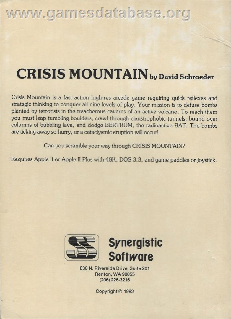 Crisis Mountain - Apple II - Artwork - Box Back