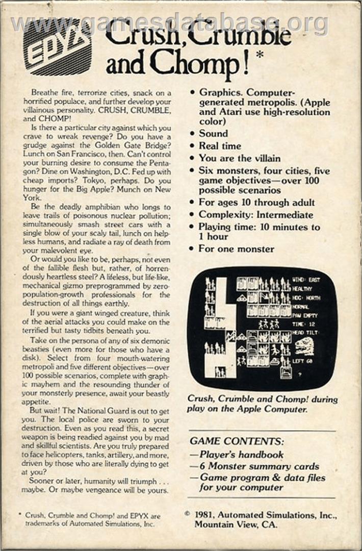 Crush, Crumble and Chomp - Apple II - Artwork - Box Back