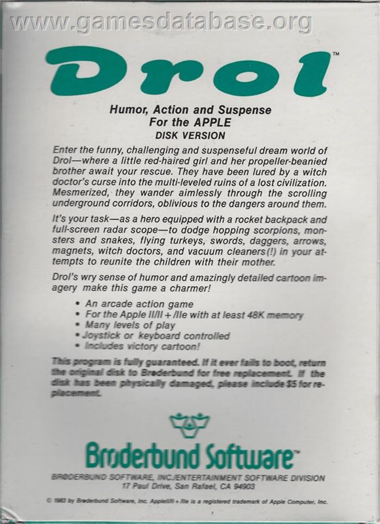 Drol - Apple II - Artwork - Box Back