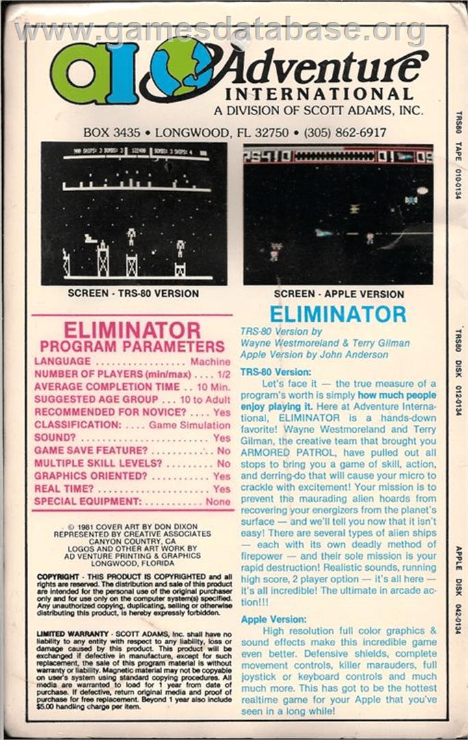 Eliminator, The - Apple II - Artwork - Box Back