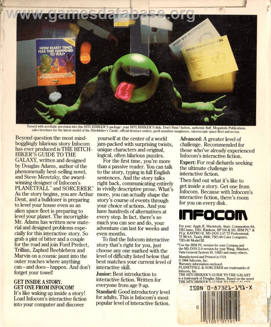 Hitchhiker's Guide To The Galaxy, The - Apple II - Artwork - Box Back