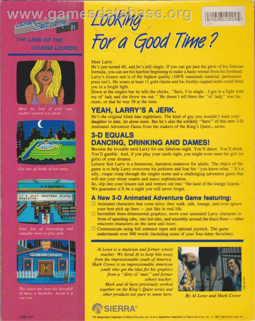 Leisure Suit Larry in the Land of the Lounge Lizards - Apple II - Artwork - Box Back