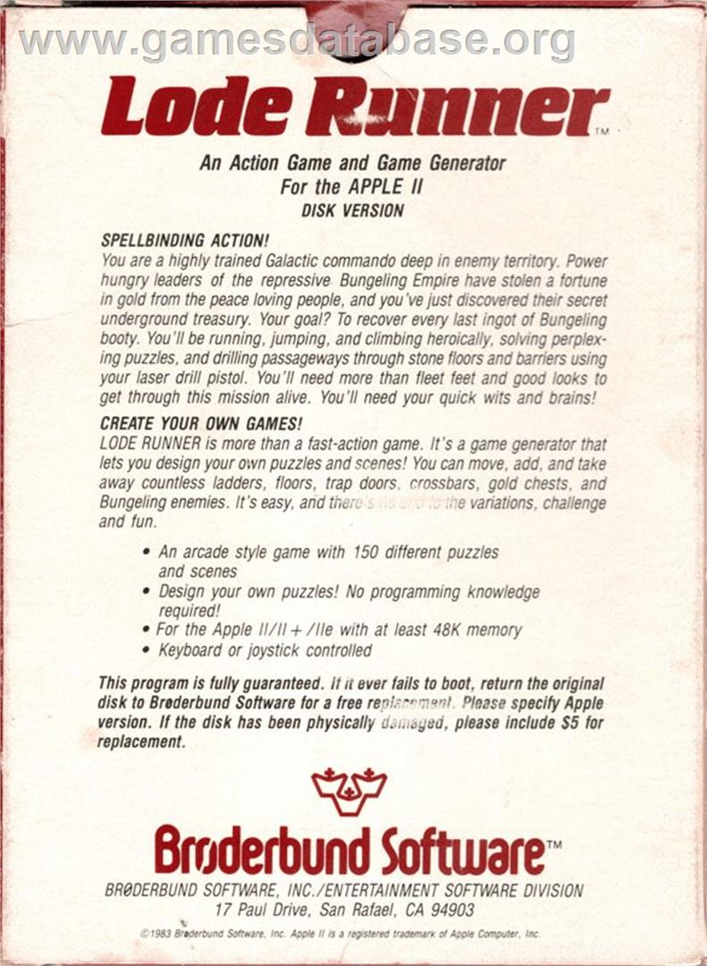 Lode Runner - Apple II - Artwork - Box Back