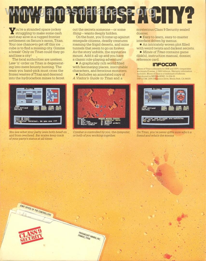 Mines Of Titan - Apple II - Artwork - Box Back