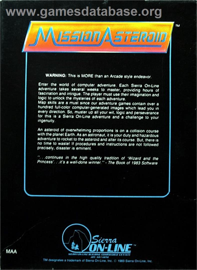 Mission Asteroid - Apple II - Artwork - Box Back