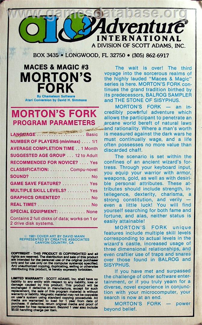 Morton's Fork - Apple II - Artwork - Box Back