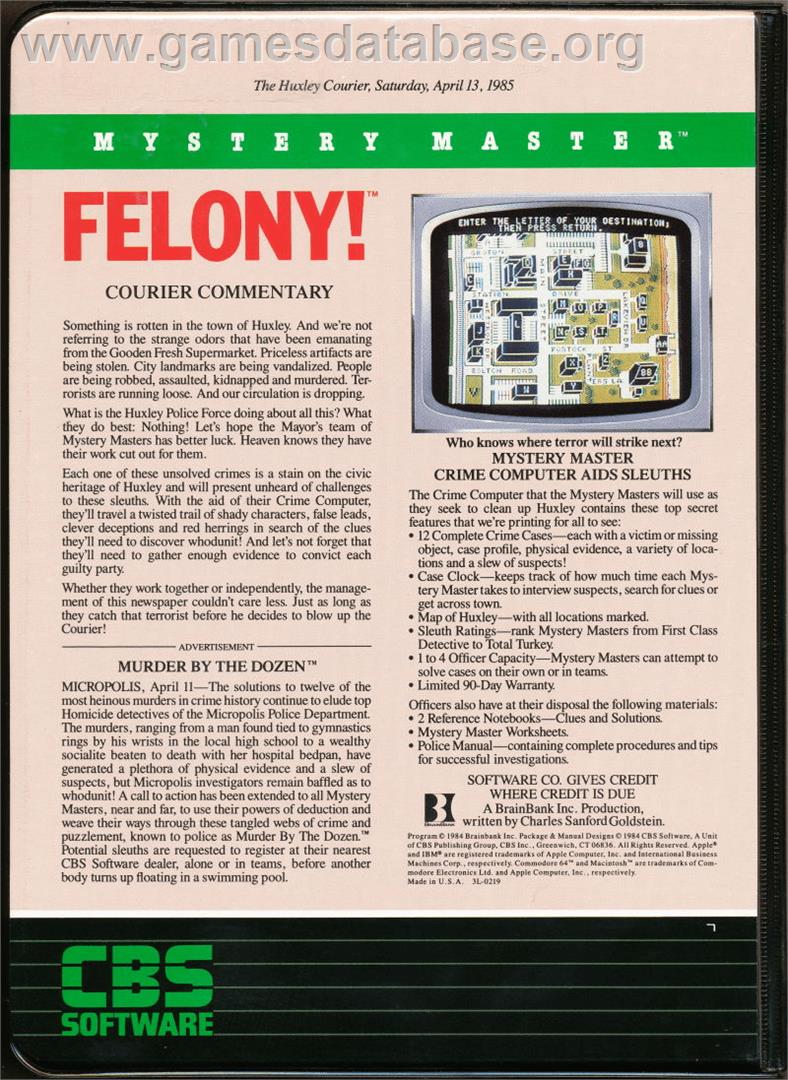 Mystery Master: Felony - Apple II - Artwork - Box Back