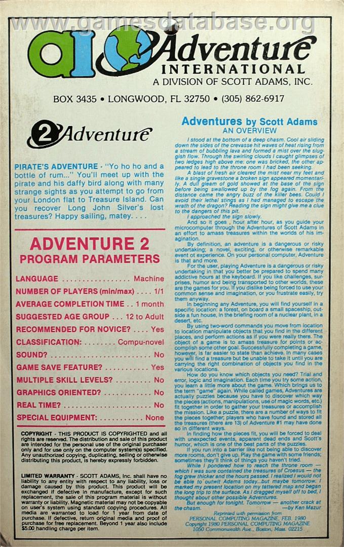 Pirate Adventure - Apple II - Artwork - Box Back