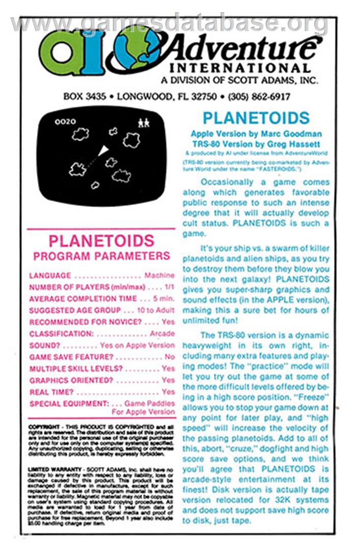 Planetoids - Apple II - Artwork - Box Back