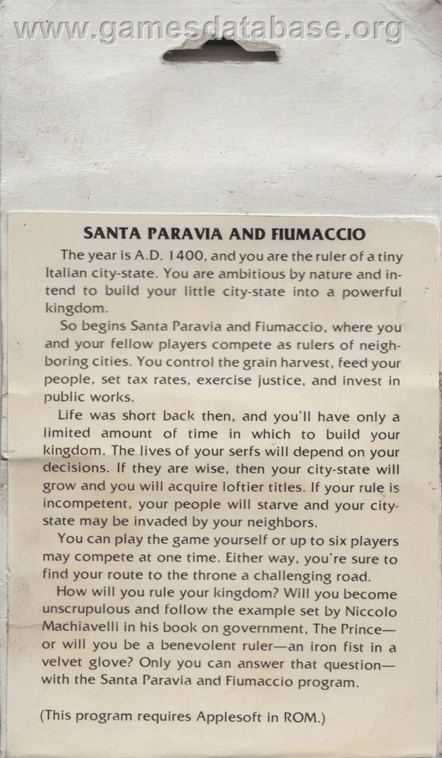 Santa Paravia And Fiumaccio - Apple II - Artwork - Box Back