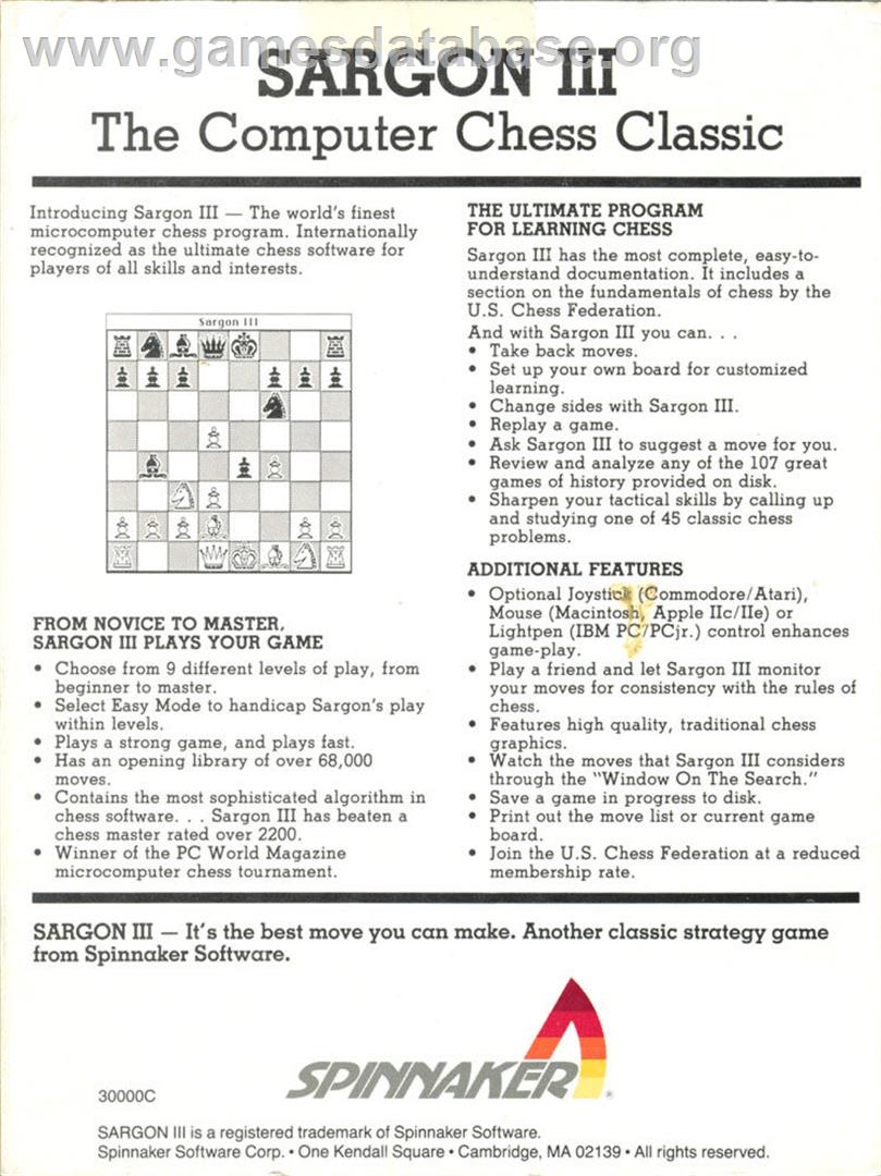 Sargon 3 - Apple II - Artwork - Box Back