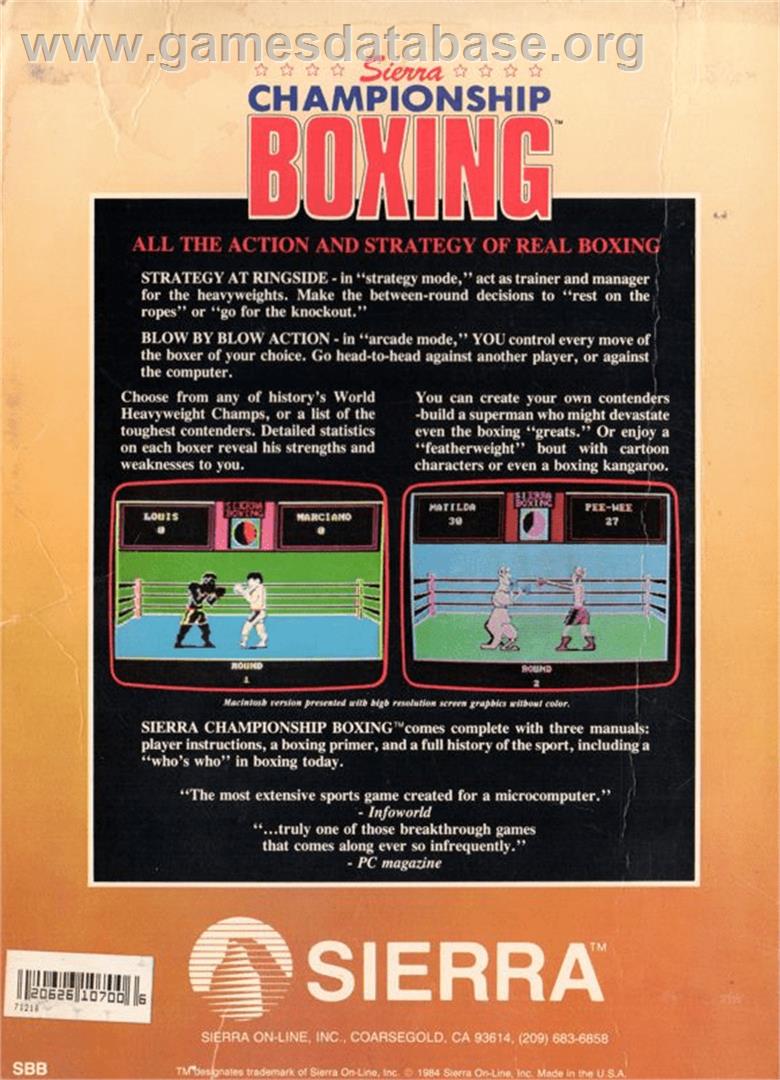 Sierra Championship Boxing - Apple II - Artwork - Box Back