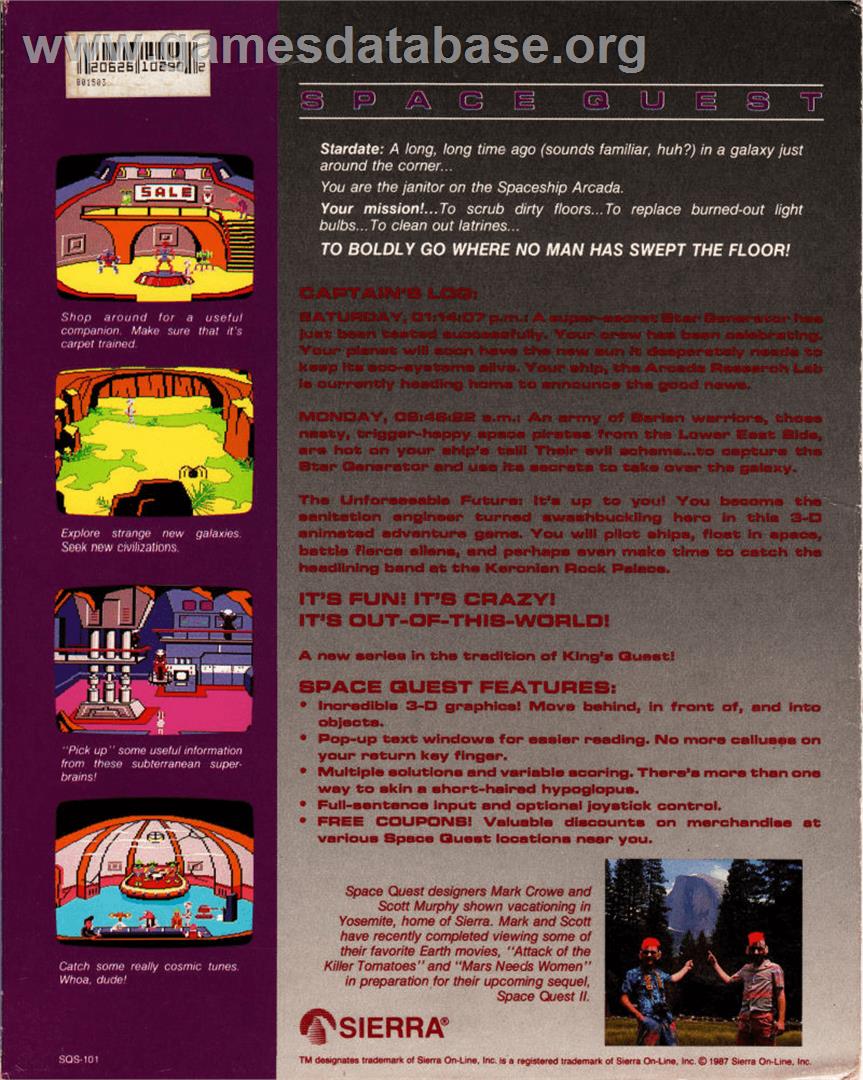 Space Quest I: Roger Wilco in the Sarien Encounter - Apple II - Artwork - Box Back