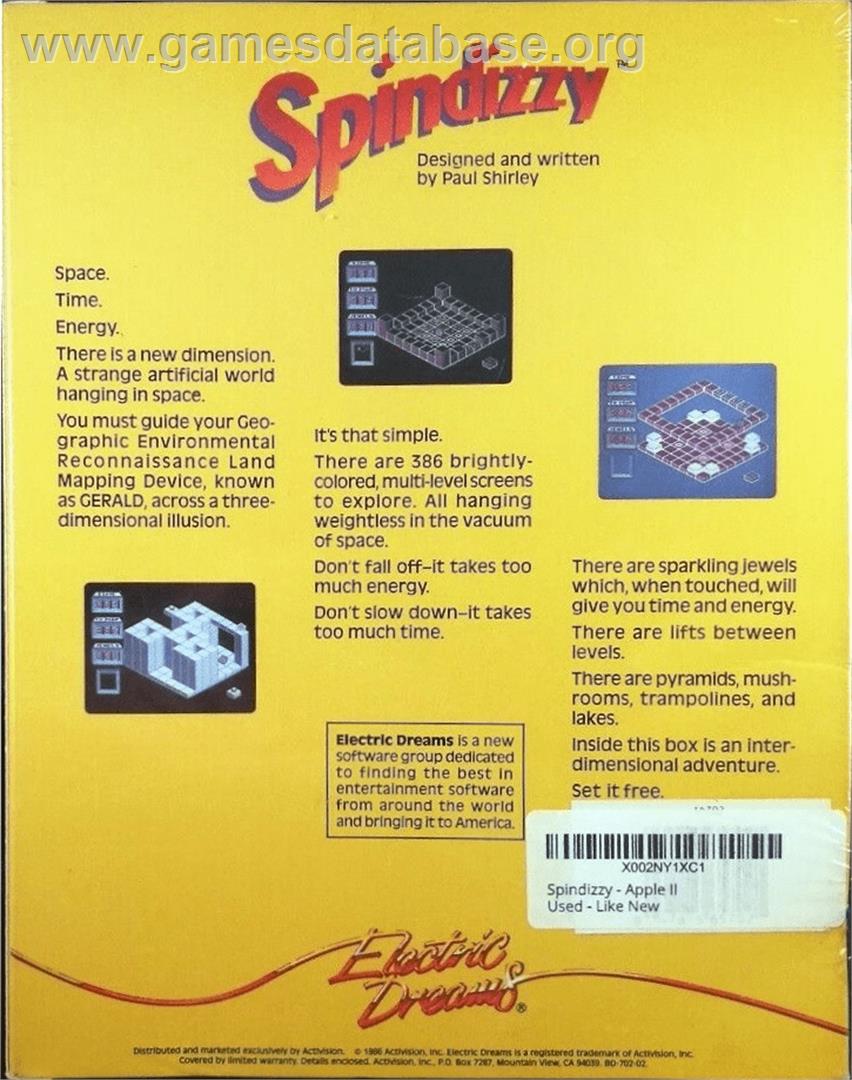 Spindizzy - Apple II - Artwork - Box Back