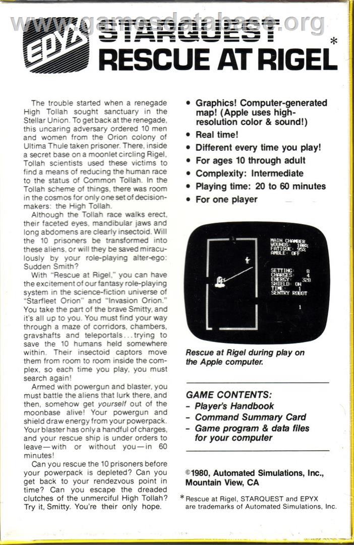 Star Quest: Rescue at Rigel - Apple II - Artwork - Box Back