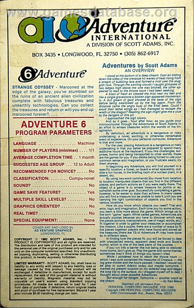 Strange Odyssey - Apple II - Artwork - Box Back