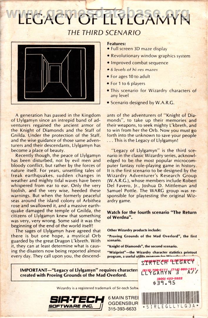Wizardry III: Legacy of Llylgamyn - Apple II - Artwork - Box Back