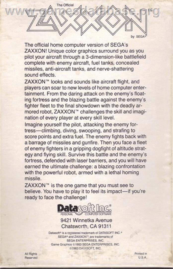 Zaxxon - Apple II - Artwork - Box Back