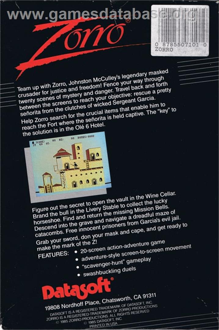 Zorro - Apple II - Artwork - Box Back