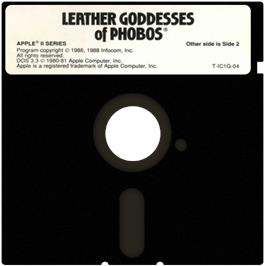 Cartridge artwork for Leather Goddesses of Phobos on the Apple II.
