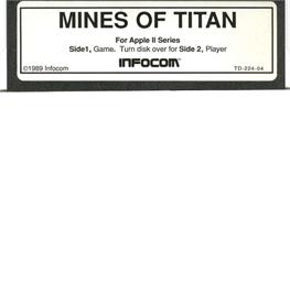 Cartridge artwork for Mines Of Titan on the Apple II.
