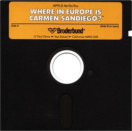 Cartridge artwork for Where in Europe is Carmen Sandiego? on the Apple II.