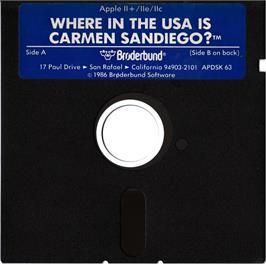 Cartridge artwork for Where in the U.S.A. Is Carmen Sandiego? on the Apple II.