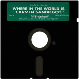 Cartridge artwork for Where in the World Is Carmen Sandiego? on the Apple II.