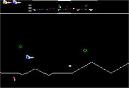 In game image of Defender on the Apple II.