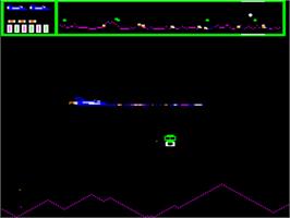 In game image of Defender on the Apple II.