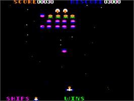 In game image of Galaxian on the Apple II.