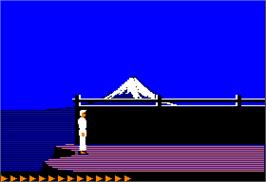 In game image of Karateka on the Apple II.