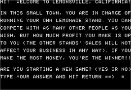 In game image of Lemonade Stand on the Apple II.