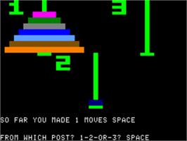 In game image of Towers Of Hanoi on the Apple II.
