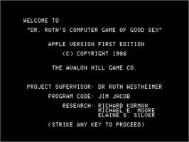 Title screen of Dr. Ruth's Computer Game of Good Sex on the Apple II.
